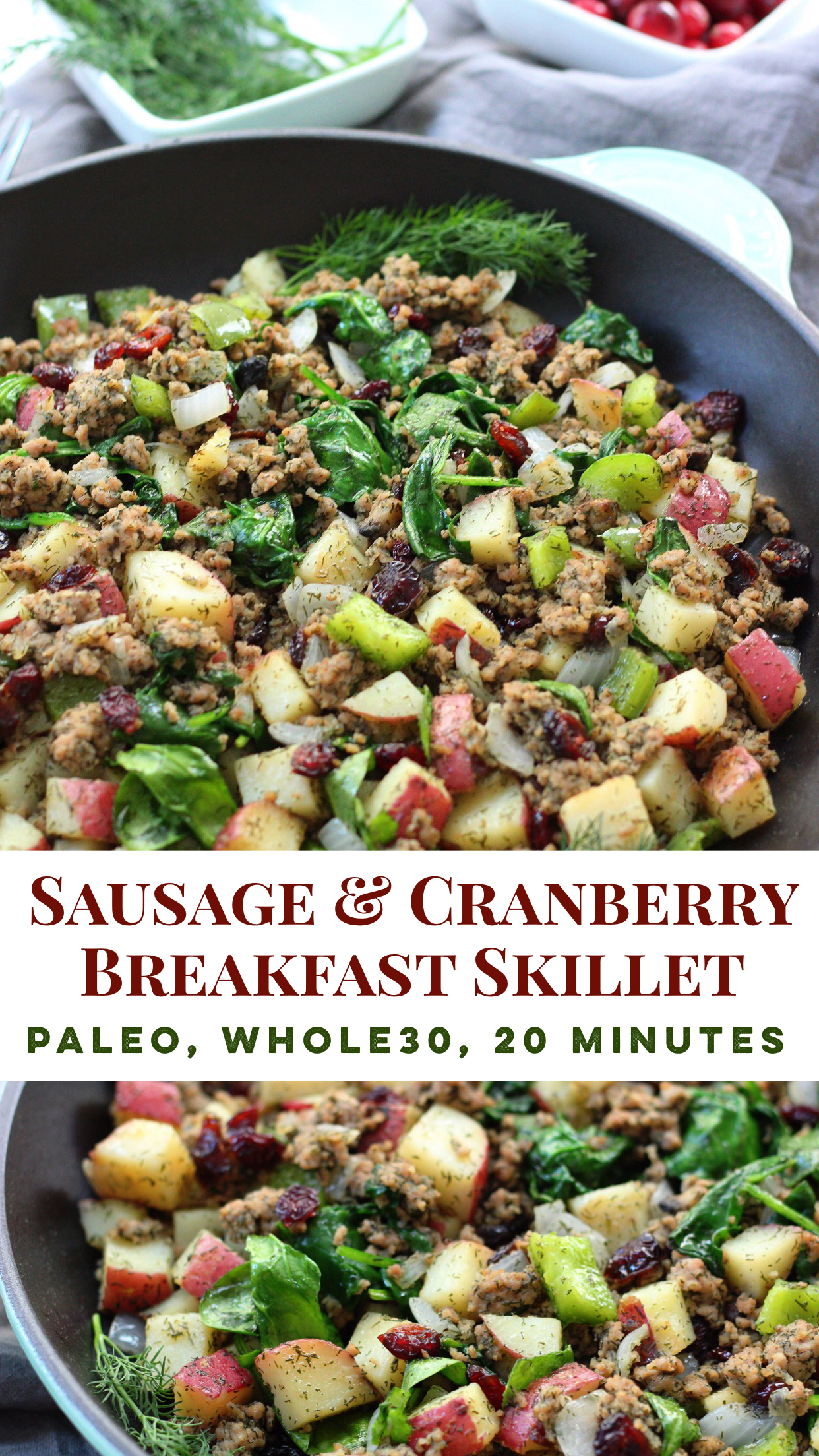 whole30 egg free sausage breakfast skillet with cranberries