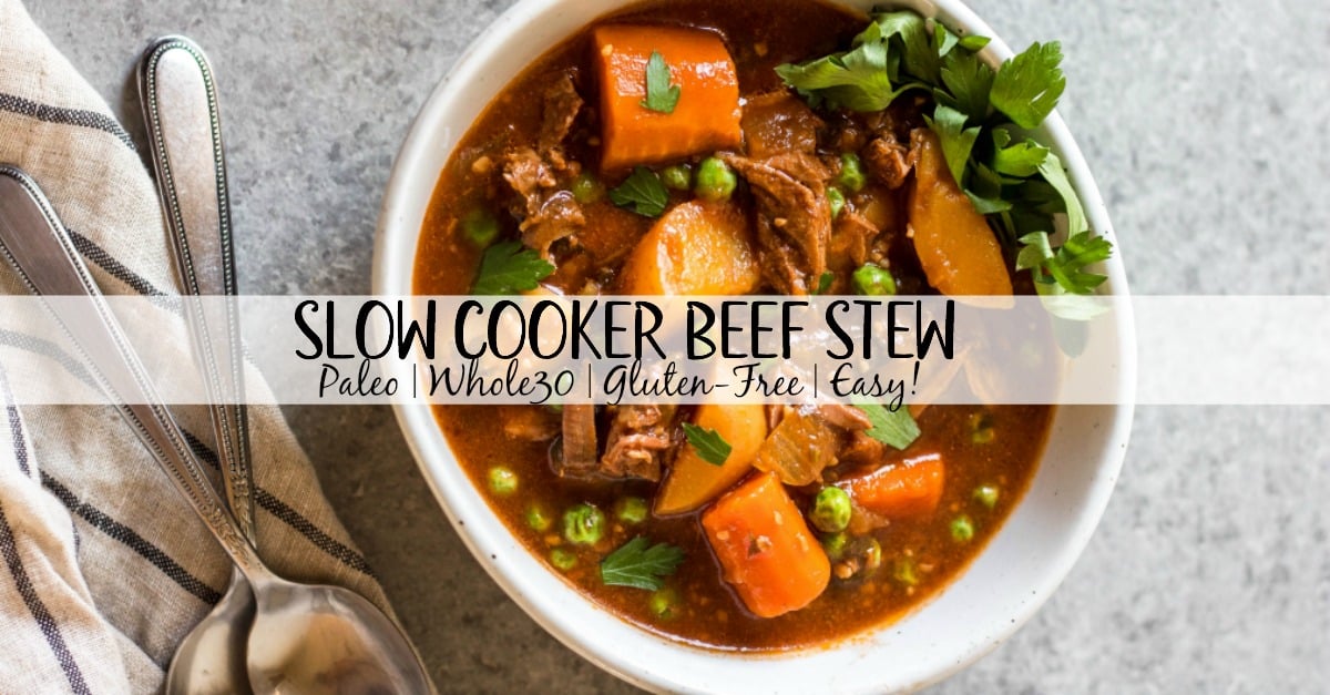 This easy slow cooker beef stew is hearty, healthy, and quick to prepare. Your crock pot will do all of the work, making this soup perfect for a weeknight dinner or meal prep recipe. It's paleo, Whole30, gluten-free, and super filling with the variety of vegetables and stew meat! #whole30beefstew #whole30slowcooker #slowcookerbeefstew #paleobeefstew #whole30beefrecipes #whole30souprecipes
