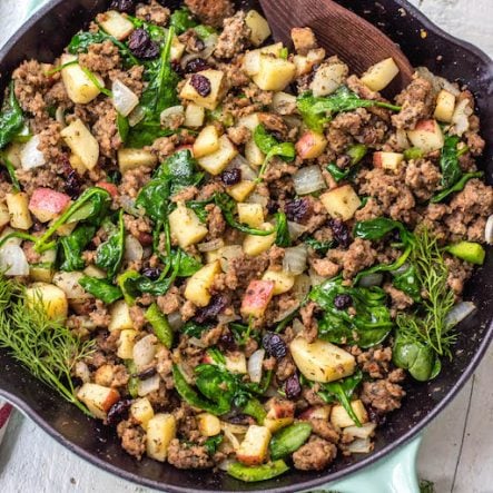 Whole30 Egg Free Sausage Breakfast Skillet with Cranberries