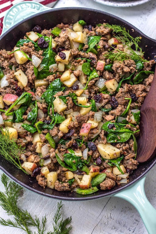 This Whole30 sausage and cranberry breakfast skillet is a quick and easy, family friendly, egg-free breakfast. A Paleo, gluten-free recipe that’s filling, full of flavor, and perfect for meal prep. One pan meals are the way to go for fast meal prepping, and this Whole30 breakfast is the perfect addition to your menu for during the week. #whole30eggfree #eggfreebreakfast #whole30breakfastskillet #whole30breakfast #paleobreakfast