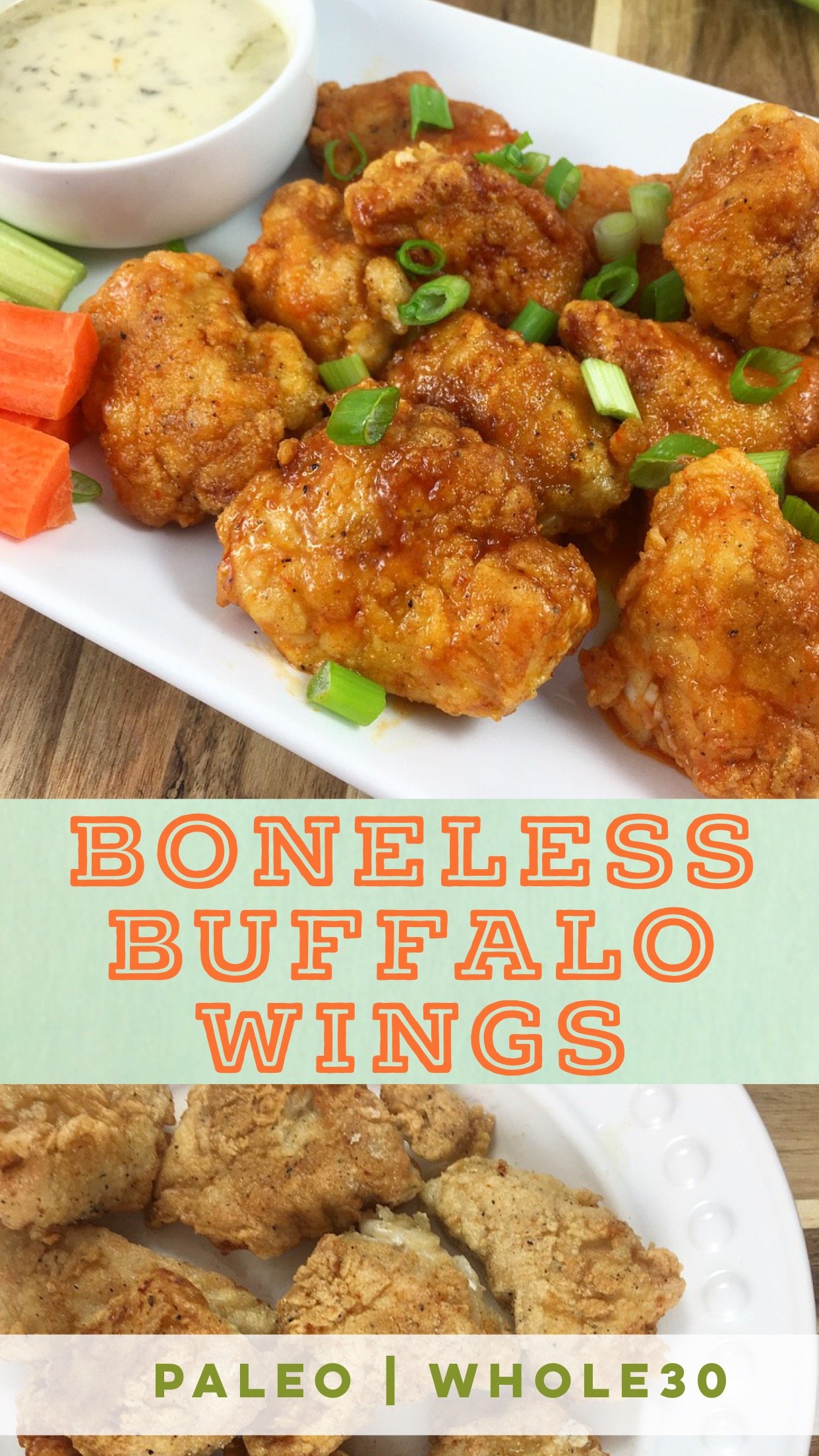 These Paleo and Whole30 boneless buffalo wings are the perfect gluten free appetizer, game day recipe, or family friendly boneless buffalo wing recipe. They're better than take out or the local wing restaurant, and healthier too! This Whole30 chicken wing recipe is going to be a new favorite! #paleobonelesswings #whole30chickenwings #whole30bonelesswings
