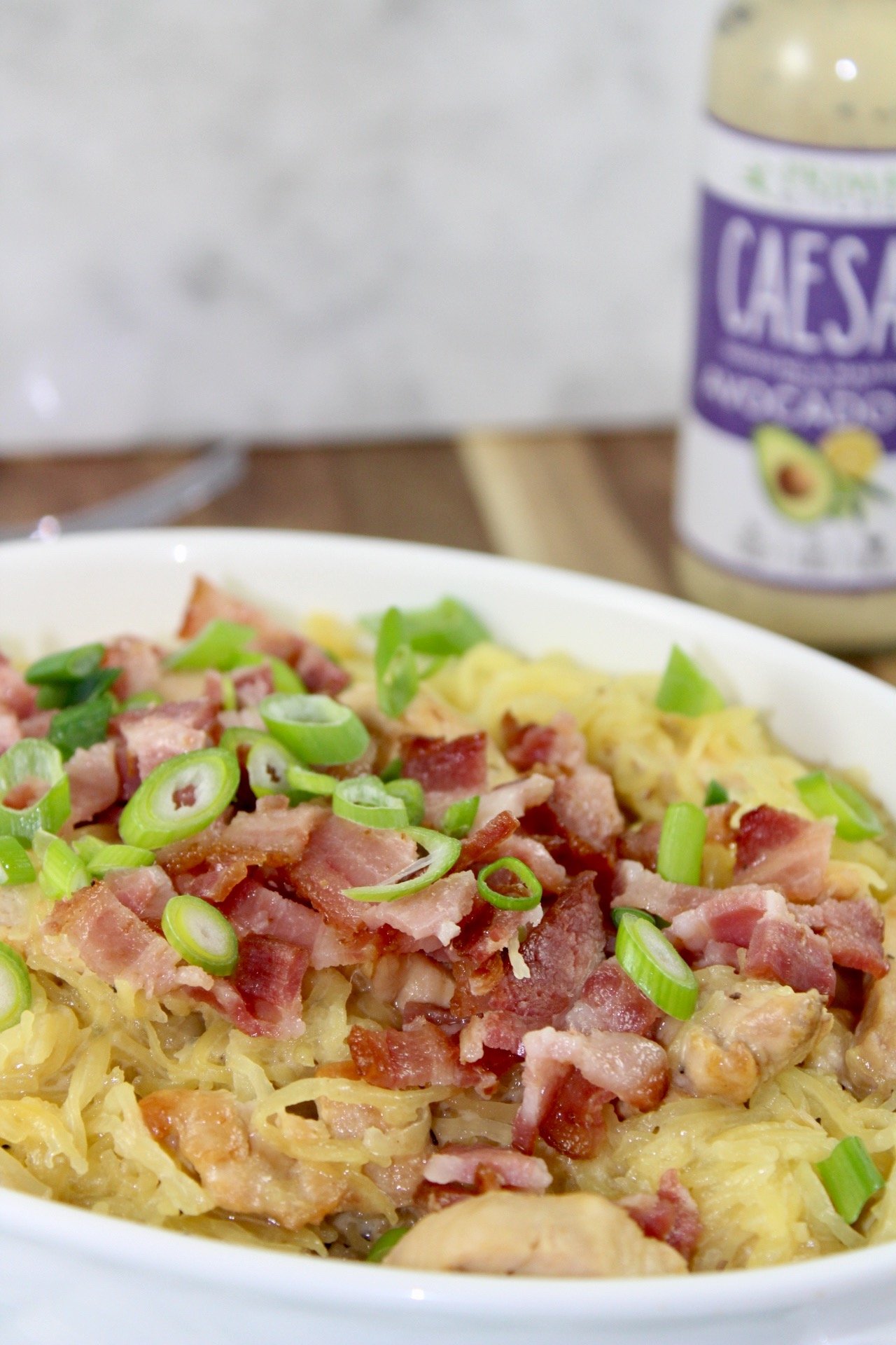 Chicken and Bacon Caesar Spaghetti Squash Pasta