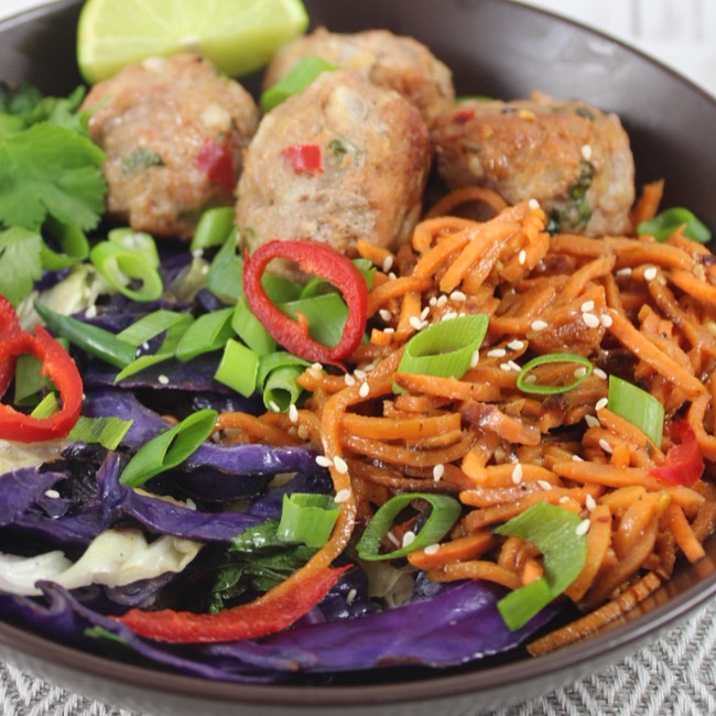 paleo spicy pork meatballs and sesame noodles