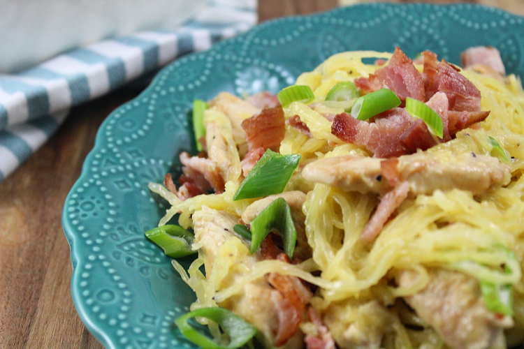 chicken and bacon caesar spaghetti squash pasta