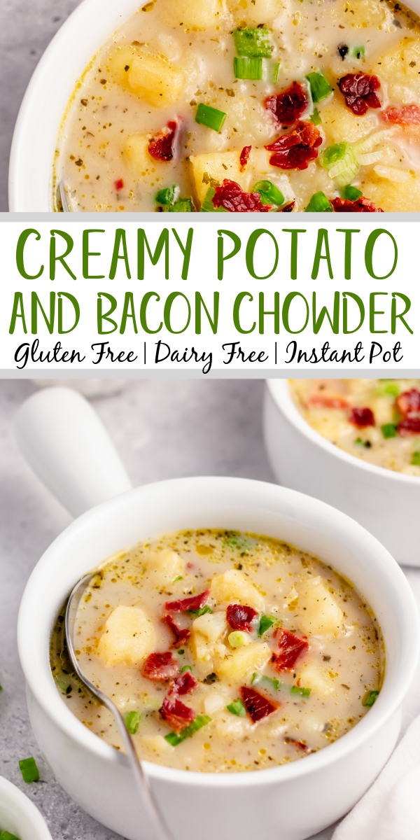 This Whole30 potato bacon chowder is an easy soup recipe that can be made in either the instant pot or slow cooker. The potatoes and bacon combine with the onions and a few other fresh ingredients for a healthy, dairy free weeknight meal that's gluten free, paleo, and is also a great meal prep recipe. #potatobaconsoup #whole30soup #glutenfreesoup #instantpotsoup #30minutemeals