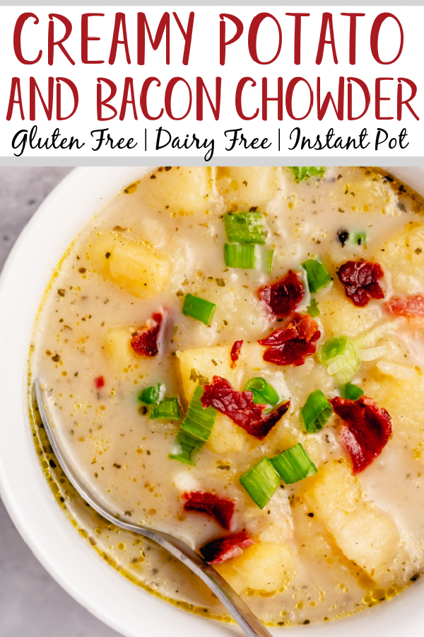 This Whole30 potato bacon chowder is an easy soup recipe that can be made in either the instant pot or slow cooker. The potatoes and bacon combine with the onions and a few other fresh ingredients for a healthy, dairy free weeknight meal that's gluten free, paleo, and is also a great meal prep recipe. #potatobaconsoup #whole30soup #glutenfreesoup #instantpotsoup #30minutemeals