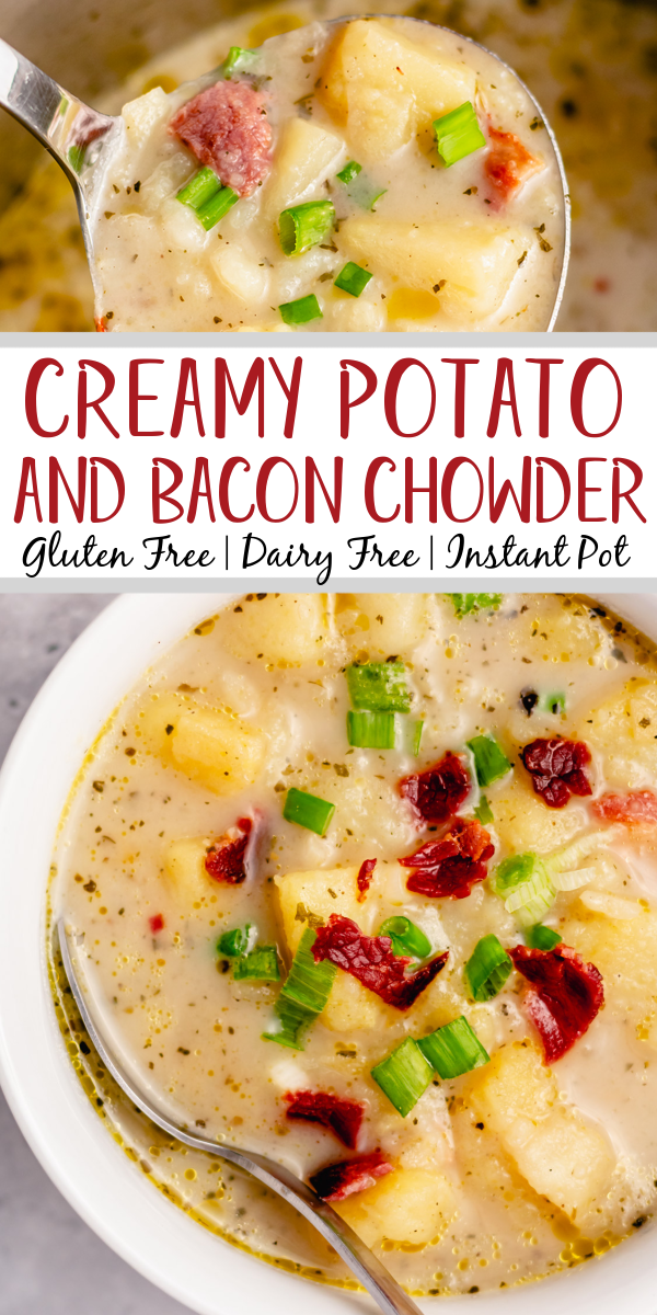 This Whole30 potato bacon chowder is an easy soup recipe that can be made in either the instant pot or slow cooker. The potatoes and bacon combine with the onions and a few other fresh ingredients for a healthy, dairy free weeknight meal that's gluten free, paleo, and is also a great meal prep recipe. #potatobaconsoup #whole30soup #glutenfreesoup #instantpotsoup #30minutemeals