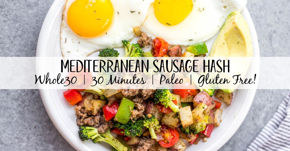 This is the easiest Whole30 and egg free breakfast! Mediterranean breakfast hash, or breakfast skillet, is a one pan recipe that comes together in under 30 minutes. It's full of hearty vegetables like potatoes, onions and broccoli, and seasoned to perfection. It's a perfect paleo or gluten-free meal prep recipe that reheats well, or family friendly option for a quick morning meal. #whole30breakfast #whole30eggfree #breakfastskillet #breakfasthash #glutenfree