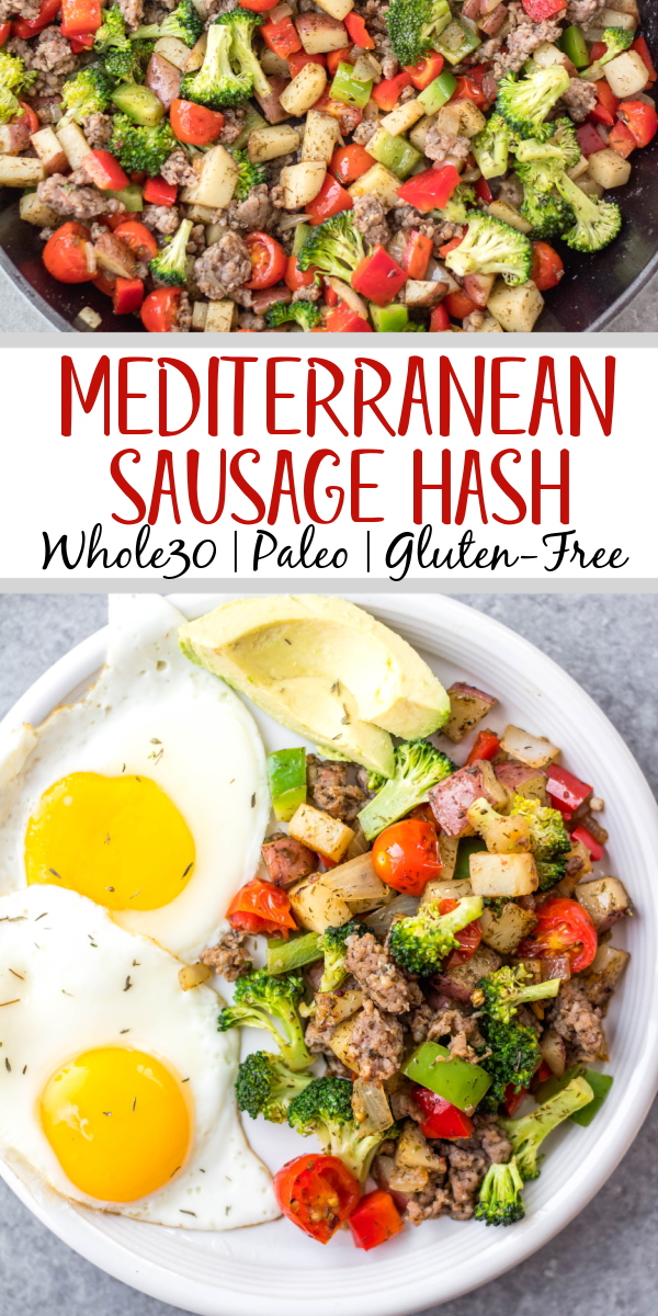 This is the easiest Whole30 and egg free breakfast! Mediterranean breakfast hash, or breakfast skillet, is a one pan recipe that comes together in under 30 minutes. It's full of hearty vegetables like potatoes, onions and broccoli, and seasoned to perfection. It's a perfect paleo or gluten-free meal prep recipe that reheats well, or family friendly option for a quick morning meal. #whole30breakfast #whole30eggfree #breakfastskillet #breakfasthash #glutenfree