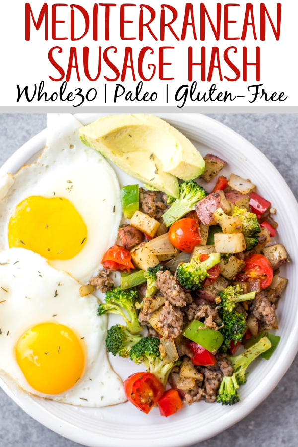 This is the easiest Whole30 and egg free breakfast! Mediterranean breakfast hash, or breakfast skillet, is a one pan recipe that comes together in under 30 minutes. It's full of hearty vegetables like potatoes, onions and broccoli, and seasoned to perfection. It's a perfect paleo or gluten-free meal prep recipe that reheats well, or family friendly option for a quick morning meal. #whole30breakfast #whole30eggfree #breakfastskillet #breakfasthash #glutenfree