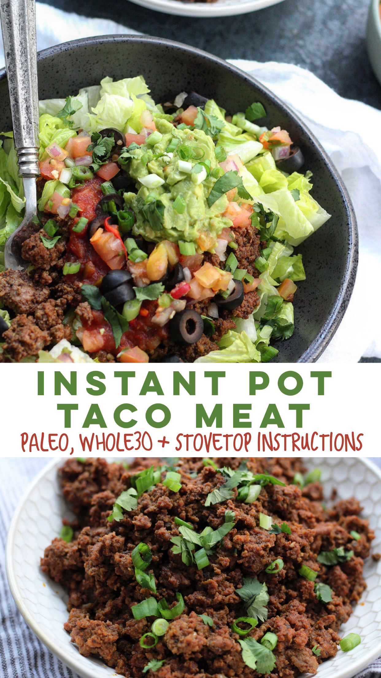 Quick Whole30 and Paleo instant pot taco meat that you can make in less than 20 minutes. Perfect for a low carb lunch, easy whole30 dinner or paleo meal prep! #whole30 #paleo #whole30beef #whole30instantpot