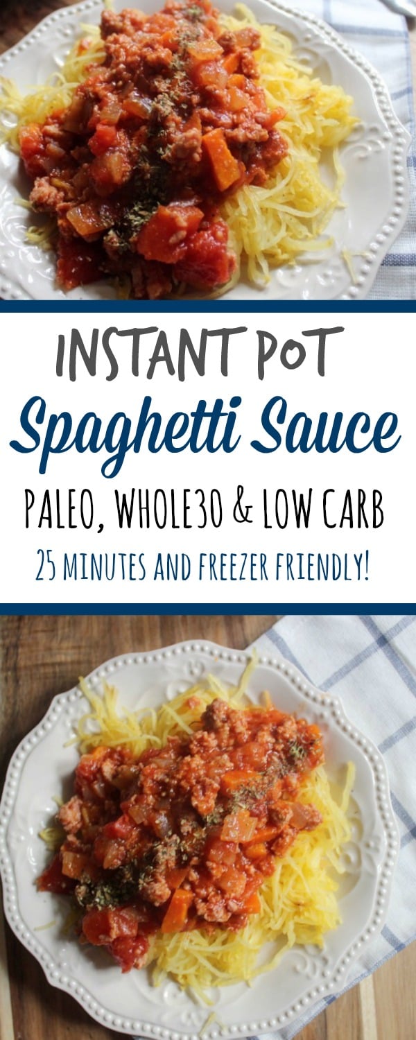 Easy paleo spaghetti sauce is made in under a half hour in the instant pot. Served over spaghetti squash, it's a simple low carb dinner. This Whole30 instant pot recipe is a family friendly favorite! #paleoinstantpot #whole30instantpot #lowcarbinstantpot #whole30beef via @paleobailey