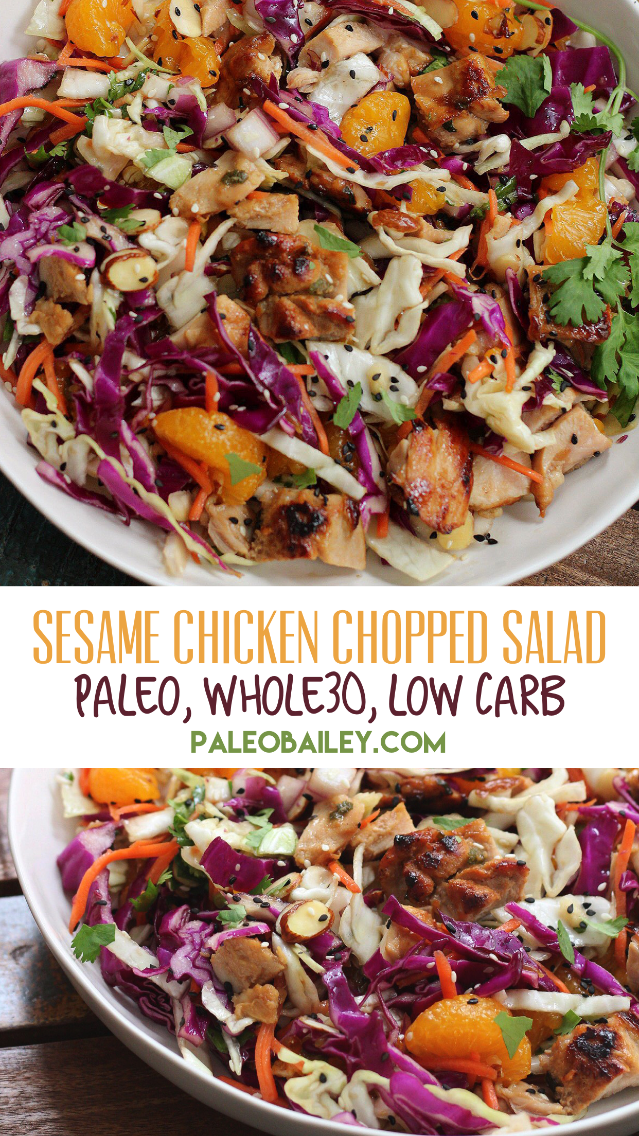 Healthy Sesame Chicken Chopped Salad is an easy paleo salad recipe, and an easy low carb option! The sesame chicken is a great Whole30 meat marinade for grilled chicken, too! It's a family friendly recipe everyone will love #paleosalad #whole30 #whole30salad via @paleobailey