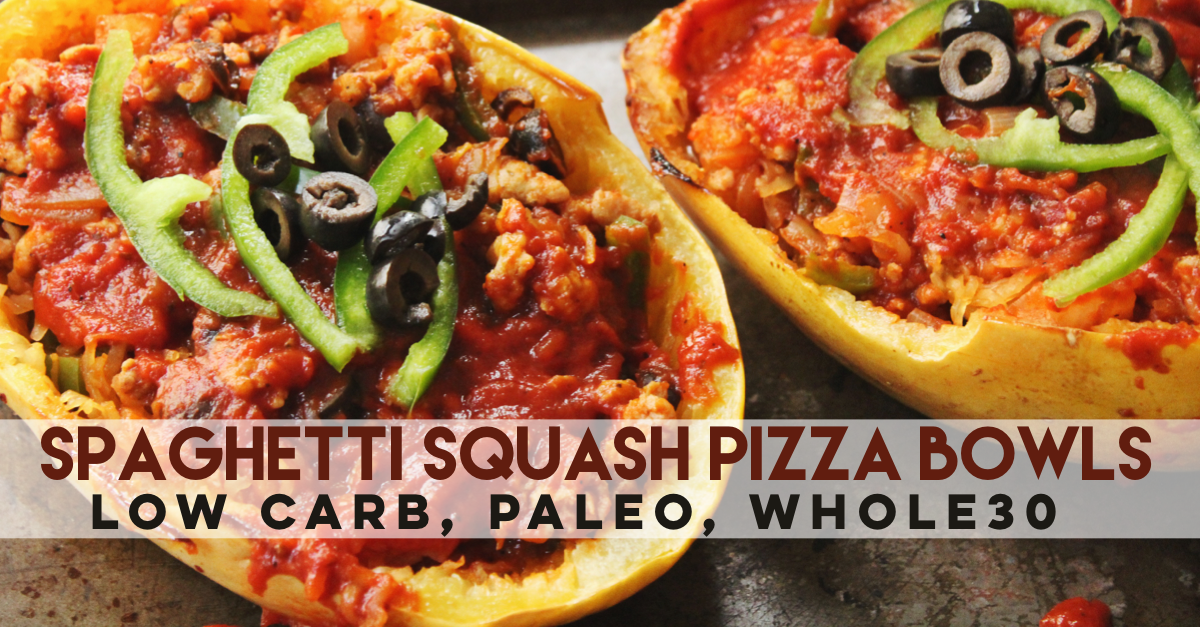 Perfect easy dinner or meal prep! Spaghetti Squash Pizza bowls are Low Carb, sugar free, Whole30 and Paleo. It's fun for the whole family to make their own pizza, and easy to throw together! #lowcarb #spaghettisquash #whole30 #pizza #healthy