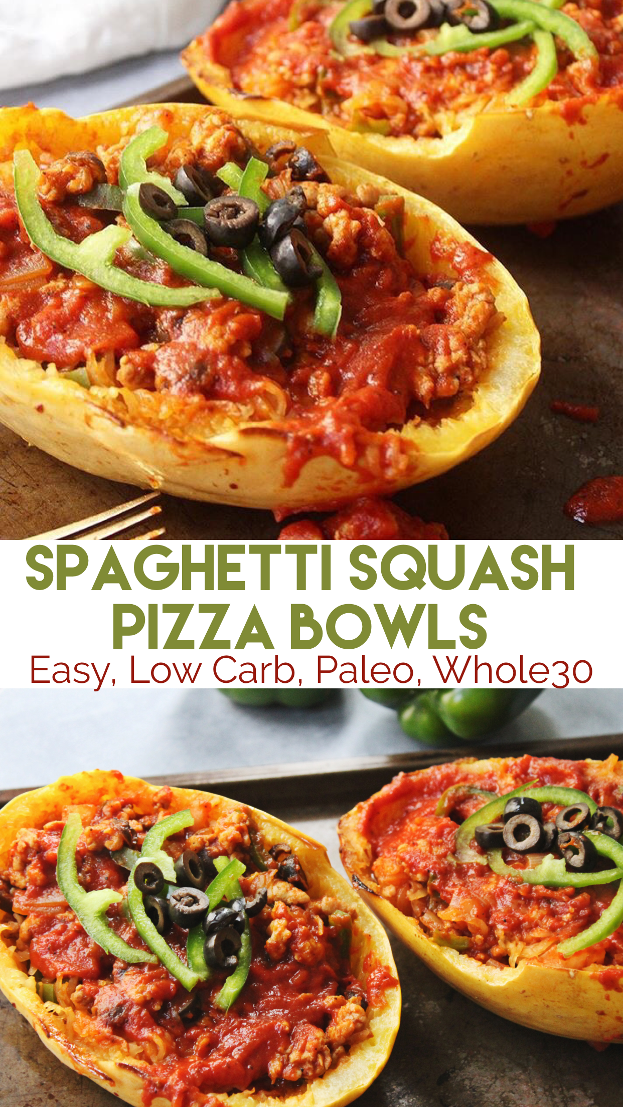 Perfect easy dinner or meal prep! Spaghetti Squash Pizza bowls are Low Carb, sugar free, Whole30 and Paleo. It's fun for the whole family to make their own pizza, and easy to throw together! #lowcarb #spaghettisquash #whole30 #pizza #healthy