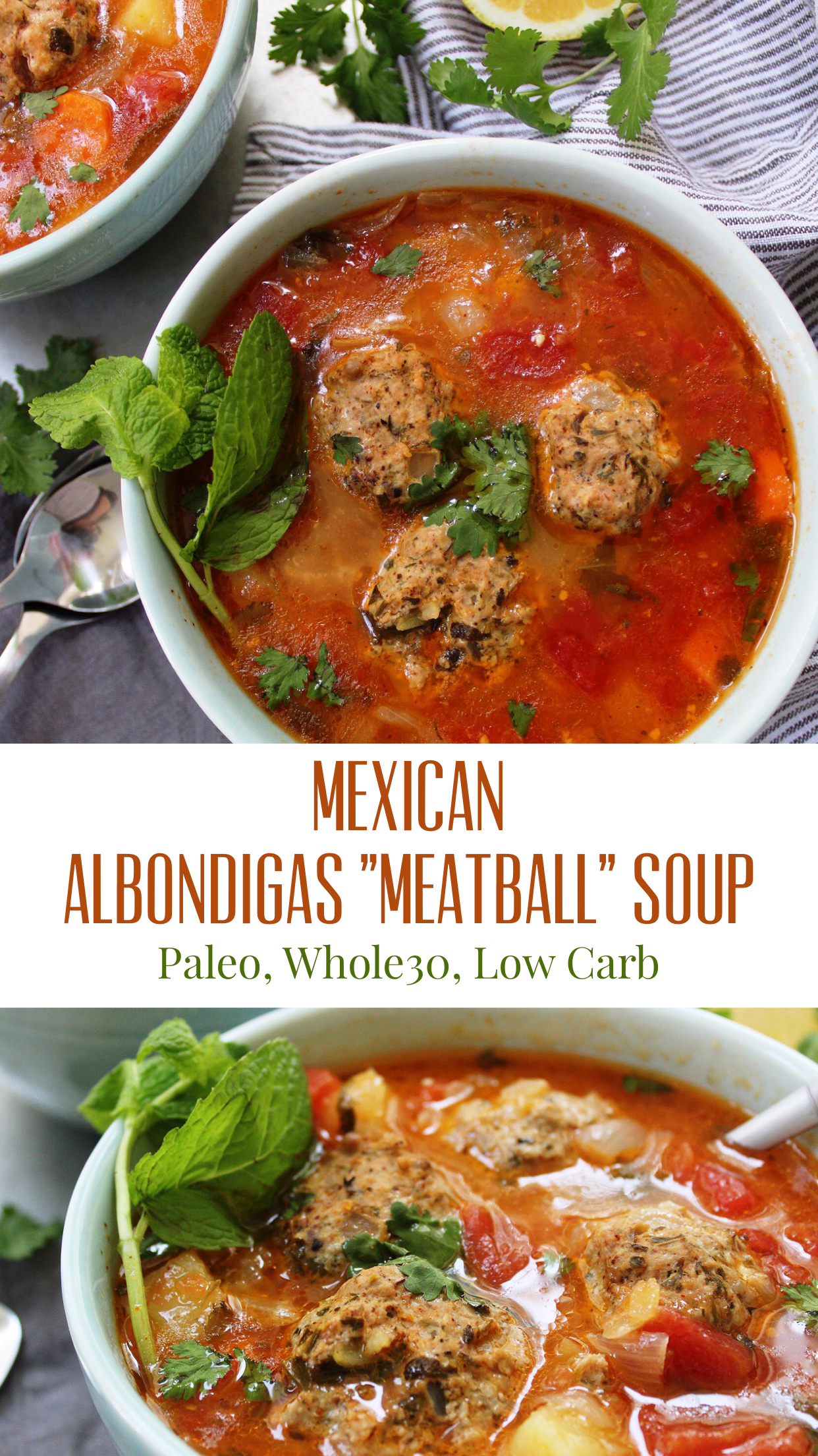 Mexican Albondigas "Meatball" Soup! Made in one pot, this paleo soup recipe will be a new family favorite! It's hearty and easy to make year round! #whole30soup #paleosoup #whole30meatballs #paleo