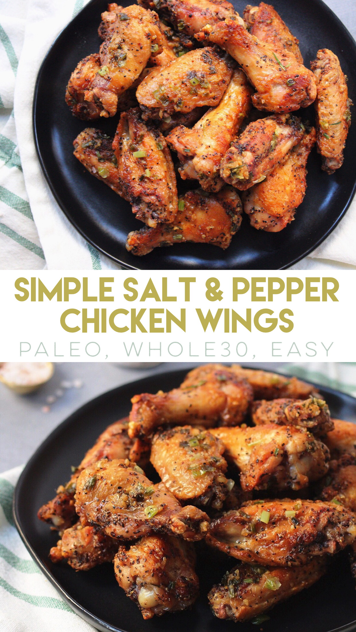 Simple Paleo Salt and Pepper Chicken Wings are easy to make, low carb only use a few ingredients, and are the perfect game day healthy wing recipe, or Whole30 chicken wing option! #paleochickenwings #paleo #whole30recipes #lowcarbchicken via @paleobailey Simple Paleo Salt and Pepper Chicken Wings are easy to make, low carb only use a few ingredients, and are the perfect game day healthy wing recipe, or Whole30 chicken wing option! #paleochickenwings #paleo #whole30recipes #lowcarbchicken via @paleobailey
