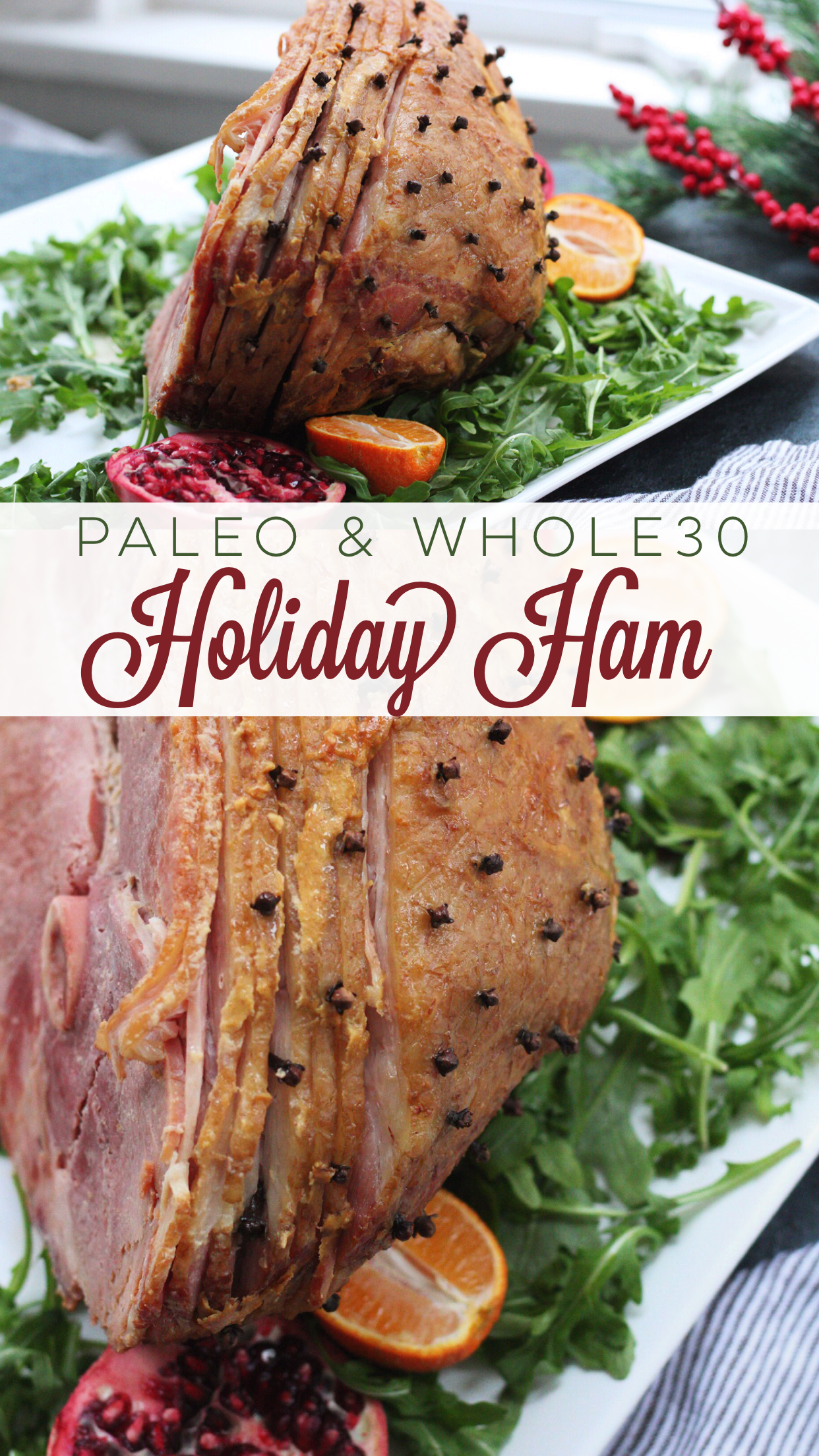 Three ingredient Whole30 holiday ham is a family friendly recipe everyone will enjoy. Made with a sugar free ham, this clean eating recipe will be a hit. With a simple recipe, it's quick and easy so you get in and out of the kitchen! #holidayham #paleoham #whole30ham #paleoholidayrecipes