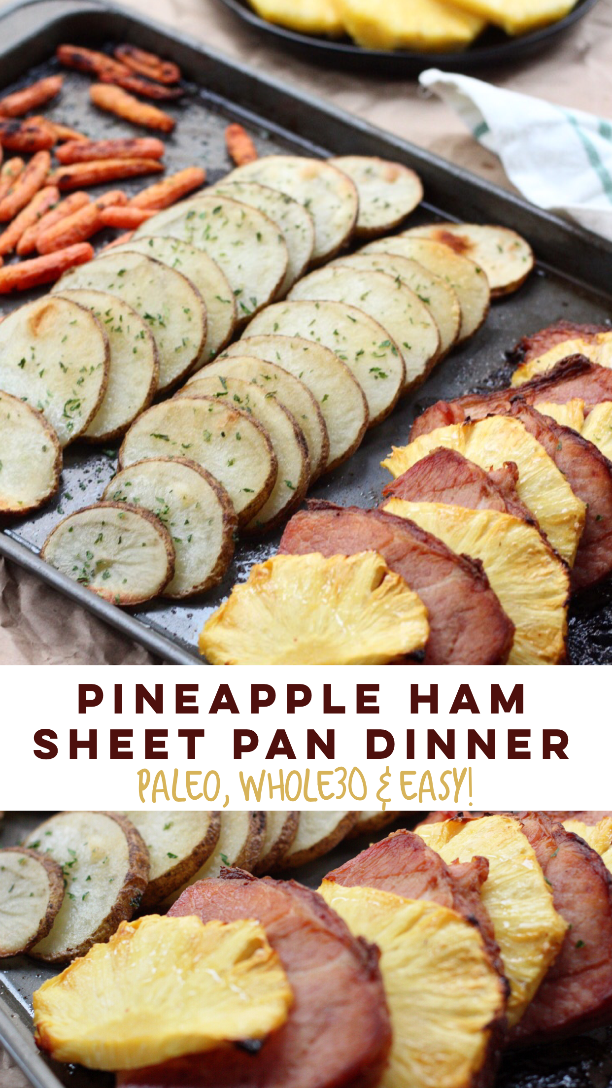 Simple and healthy pineapple ham Whole30 sheet pan dinner! This easy Paleo sheet pan meal is family friendly, and Whole30 when made sugar free ham. It's a great holiday leftover meal or an easy meal prep idea #sheetpan #hamrecipes #paleosheetpan #whole30sheetpan via @paleobailey