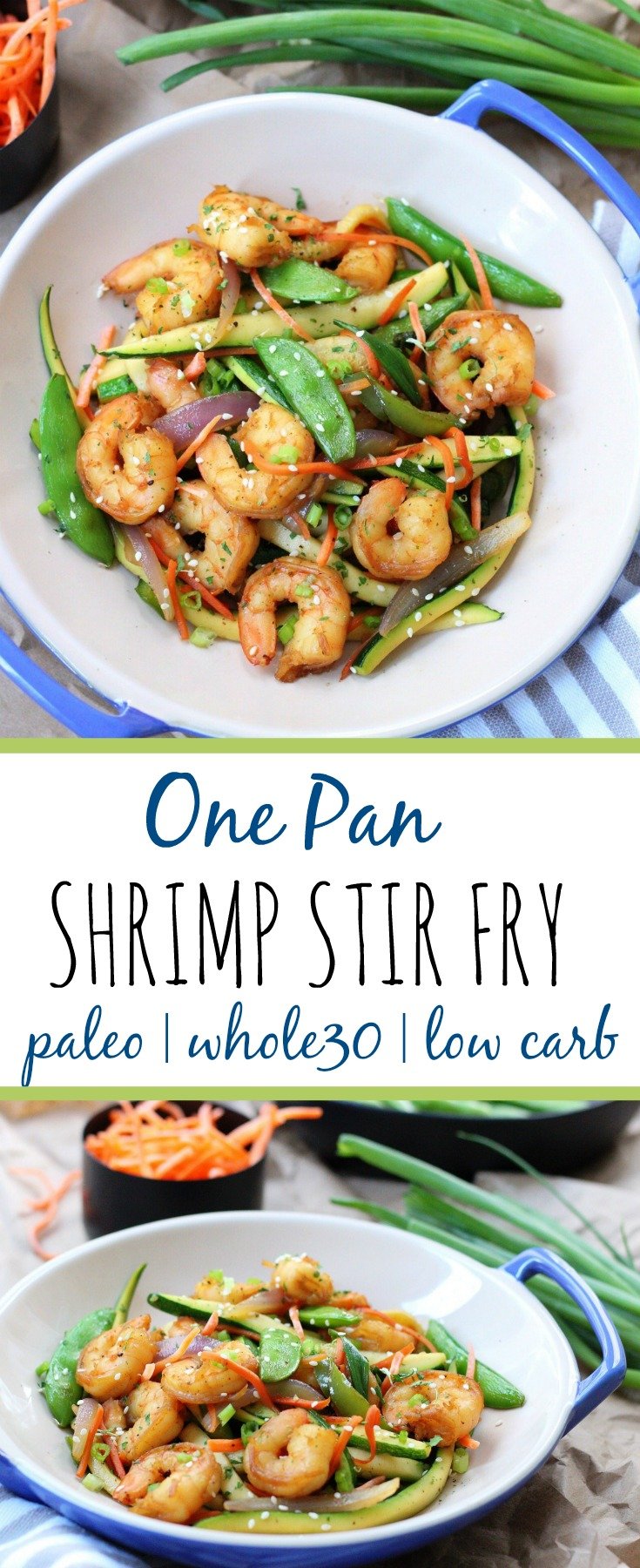 This easy shrimp stir fry recipe is a great Whole30 dinner! If you love stir fry, you'll love this low carb version! Using zucchini noodles lets you eat this flavorful paleo meal, without the carbs! Plus the best tips for cooking with gelatin are included! #paleostirfry #paleoshrimp #lowcarbstirfry #whole30recipes #whole30shrimp via @paleobailey