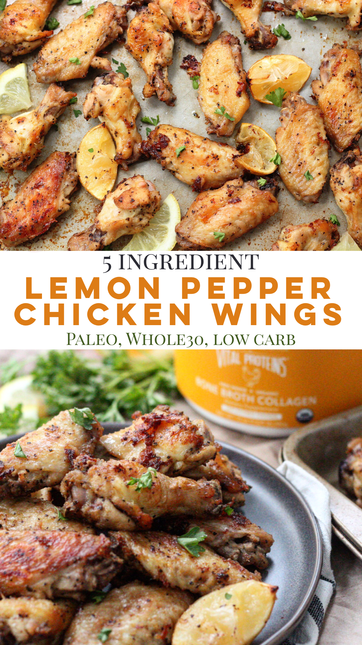 Whole30 and Paleo lemon pepper chicken wings are the perfect low carb appetizer, game day recipe, or family friendly crispy chicken wing recipe #paleochickenwings #whole30chickenwings #lowcarbchickenwings