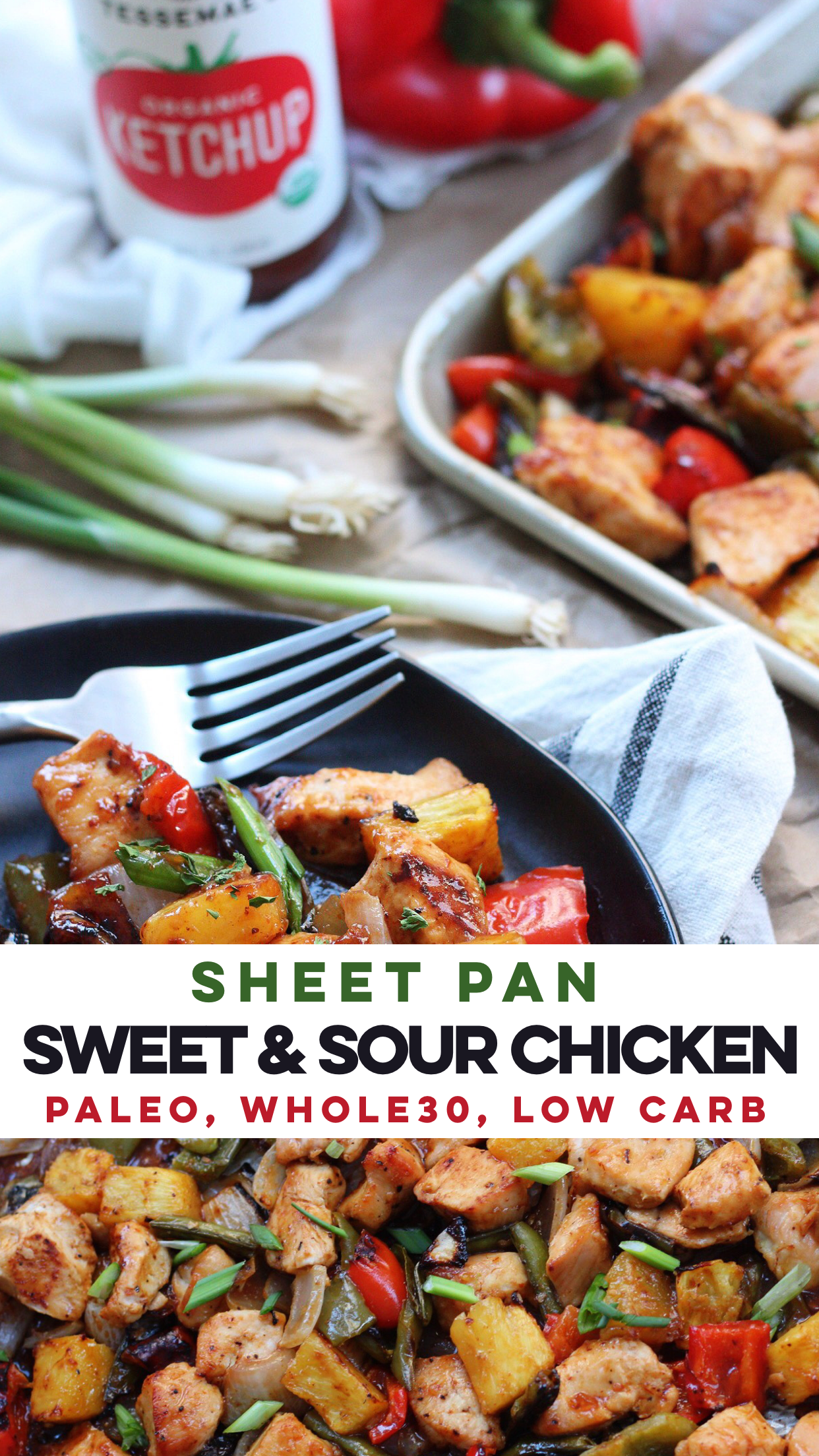 Easy & healthy sheet pan sweet and sour chicken is perfect for a busy week night or Paleo meal prep! #paleo #sweetandsour #whole30 #lowcarb #sheetpan via @paleobailey