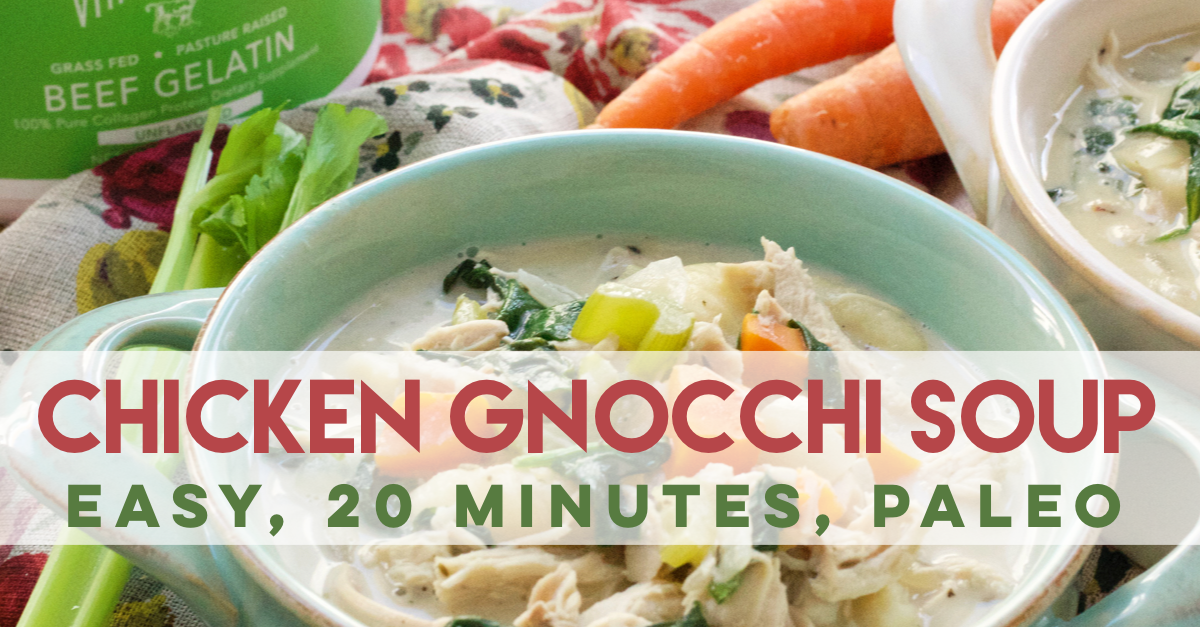 Easy One Pot Chicken Gnocchi Soup is Quick and Paleo! A healthy version of a restaurant staple! #paleo #chickensoup #gnocchi #paleosoup