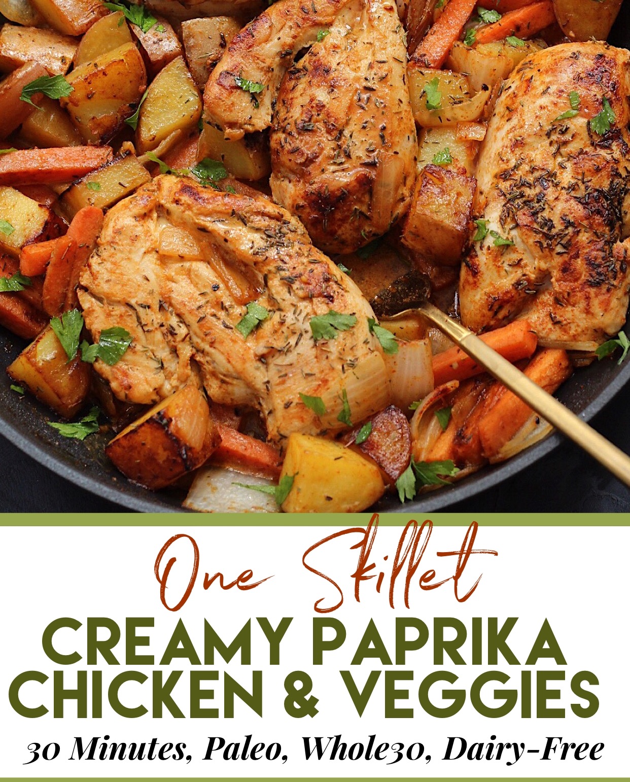 One pot creamy paprika chicken that's a dairy free, 30 minute Whole30 meal that's a super easy weeknight meal or paleo meal prep option. It's family friendly and loaded with your favorite veggies! #whole30chicken #whole30onepot #paleocreamychicken #paleochickenrecipes