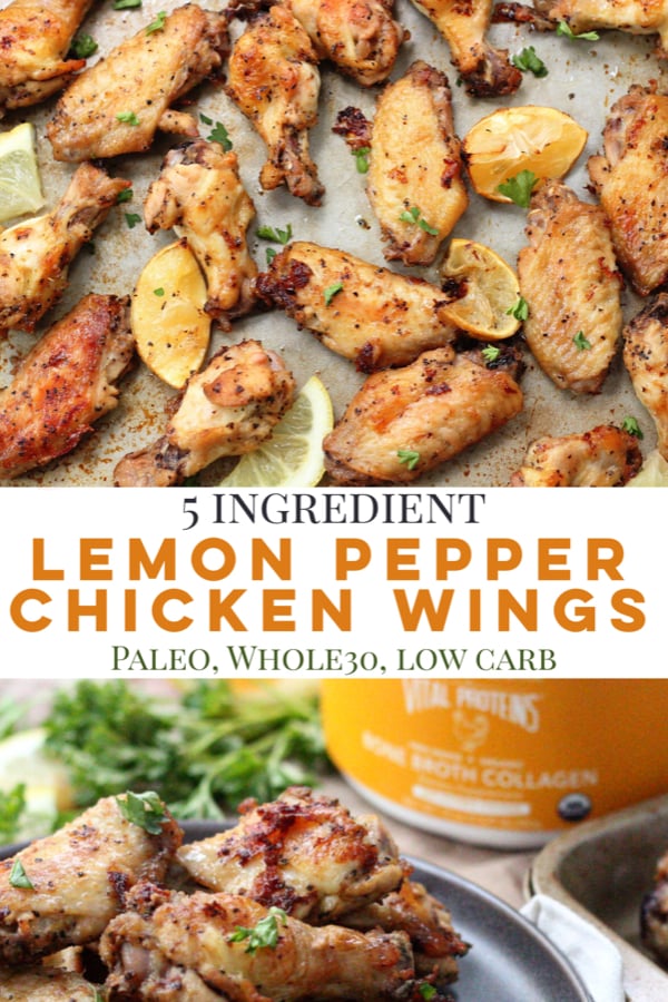 Whole30 and Paleo lemon pepper chicken wings are the perfect low carb appetizer, game day recipe, or family friendly crispy chicken wing recipe #paleochickenwings #whole30chickenwings #lowcarbchickenwings