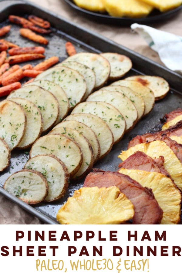 Simple and healthy pineapple ham sheet pan dinner! This easy Paleo sheet pan meal is family friendly, and Whole30 when made sugar free ham. It's a great holiday leftover meal or an easy meal prep idea #sheetpan #hamrecipes #paleosheetpan #whole30sheetpan via @paleobailey