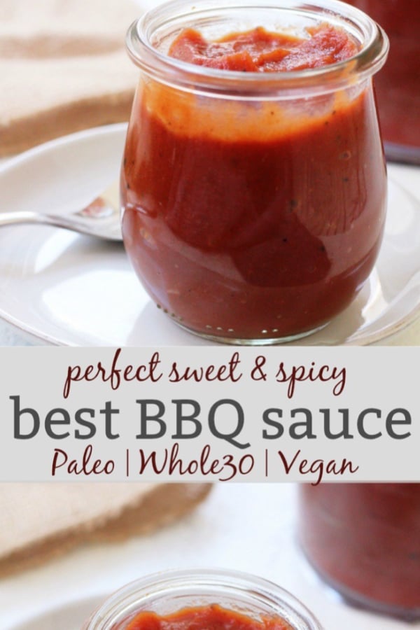 Whole30 BBQ sauce is an easy condiment to whip up in your own kitchen. The paleo BBQ is also vegan and 100% a sugar free BBQ option! It's great to keep around for pulled pork, BBQ grilled chicken, ribs, you name it! #paleobbqsauce #whole30bbqsauce #sugarfreebbq