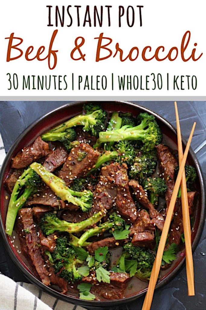 Whole30 Instant Pot Beef and Broccoli is a simple 30 minute meal that's family friendly and on the table in just a few minutes! It's a delicious paleo beef recipe for a busy weeknight or great for Whole30 meal prep #whole30beef #paleobeef #whole30instantpot #lowcarbinstantpot via @paleobailey