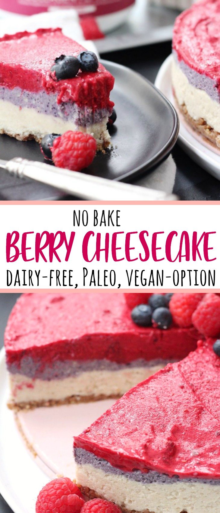 Easy paleo cheesecake is a fun recipe to make for any special occasion or just for dessert! With colorful dairy free cheesecake layers and a simple no bake crust, you'll feel like you're indulging when you're eating totally healthy! #paleocheesecake #dairyfreecheesecake #nobakecheesecake #vegancheesecake