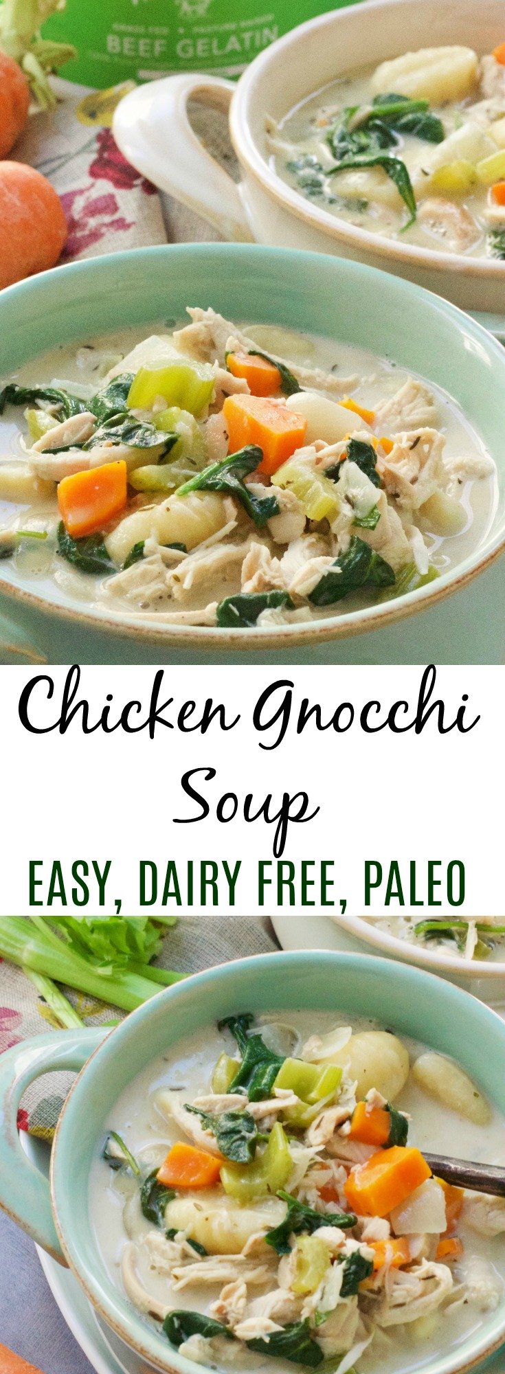 Easy One Pot Chicken Gnocchi Soup is Quick and Paleo! A healthy version of a restaurant staple! #paleo #chickensoup #gnocchi #paleosoup