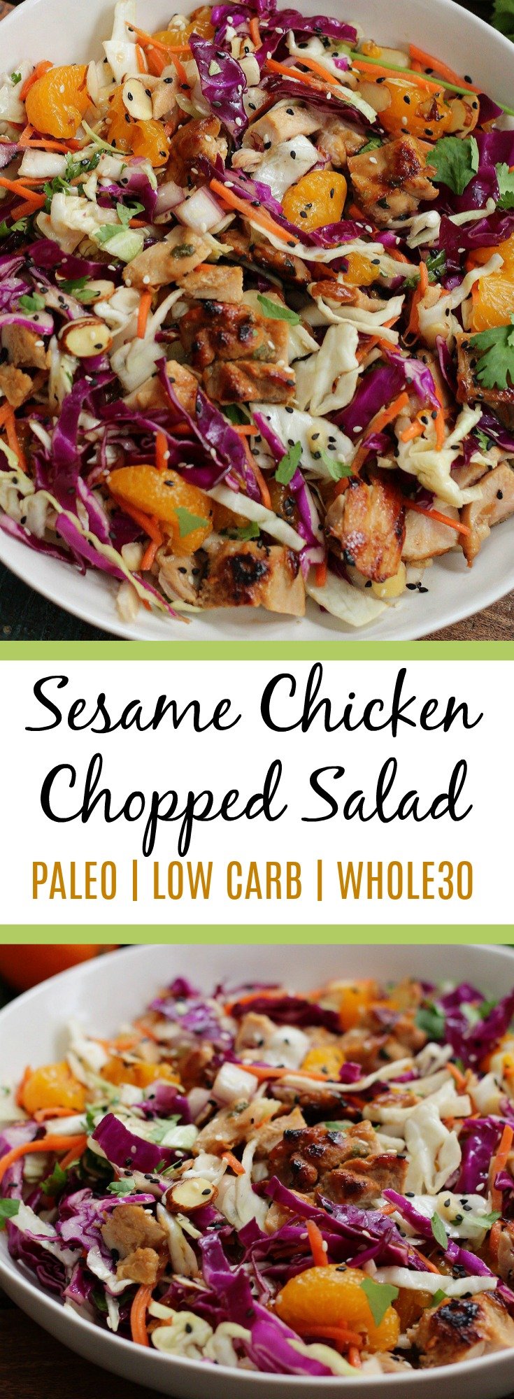 Healthy Sesame Chicken Chopped Salad is an easy paleo salad recipe, and an easy low carb option! The sesame chicken is a great Whole30 meat marinade for grilled chicken, too! It's a family friendly recipe everyone will love #paleosalad #whole30 #whole30salad via @paleobailey