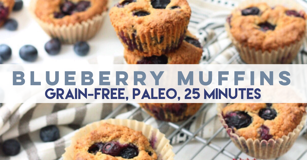 Paleo blueberry muffins that are grain free, easy to make, and only need a few simple ingredients! These are healthier family friendly baking recipe that you'll be sure to make again and again! #paleomuffin #paleoblueberrymuffin #grainfreemuffin