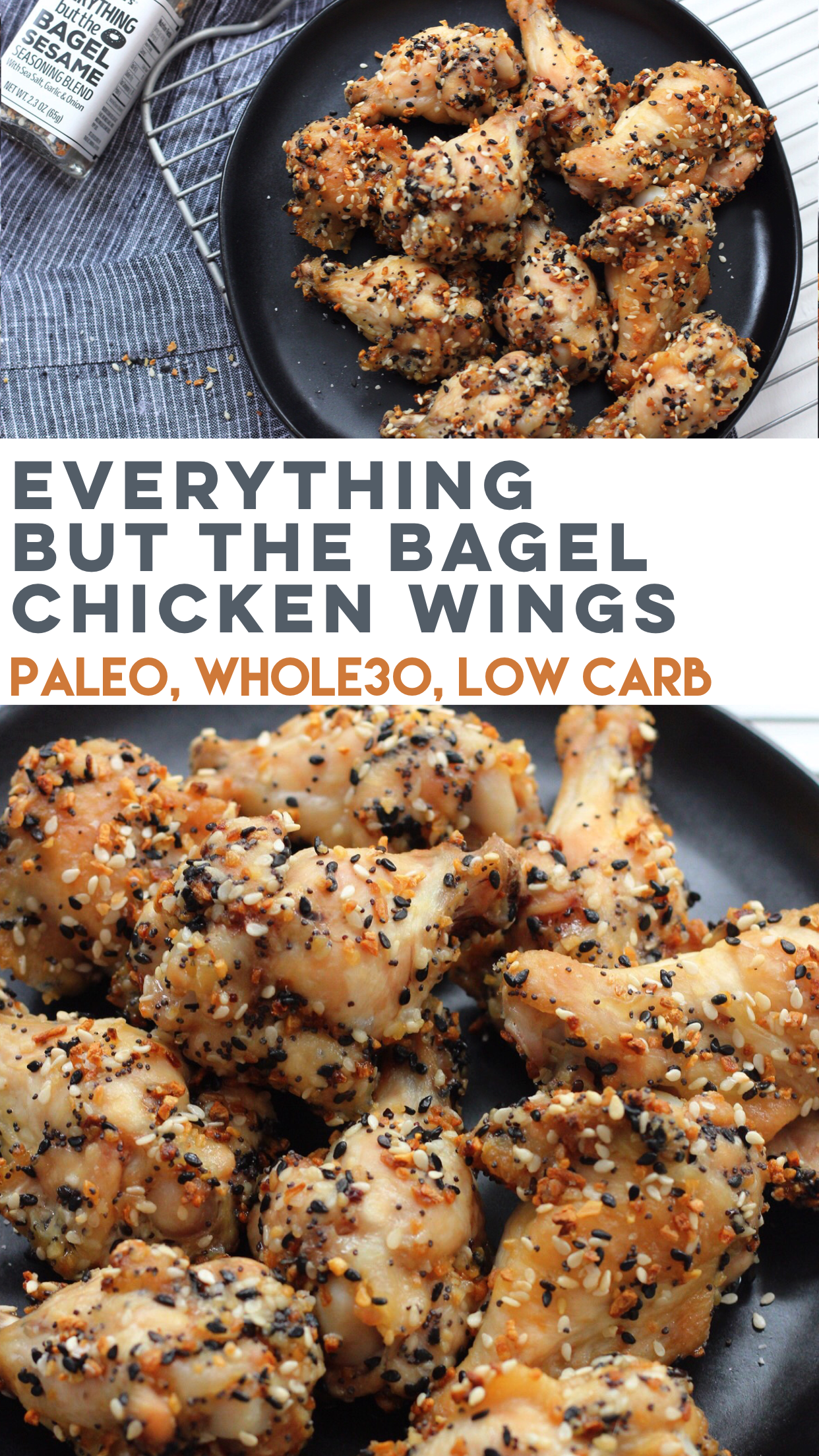 Everything but the bagel chicken wings are a family friendly recipe that's simple and delicious. It's Paleo, Whole30 and this low carb chicken wing recipe is baked and not fried. The perfect paleo appetizer, snack or Whole30 game day recipe! #paleochickenwing #whole30chickenrecipes #chickenwings via @paleobailey