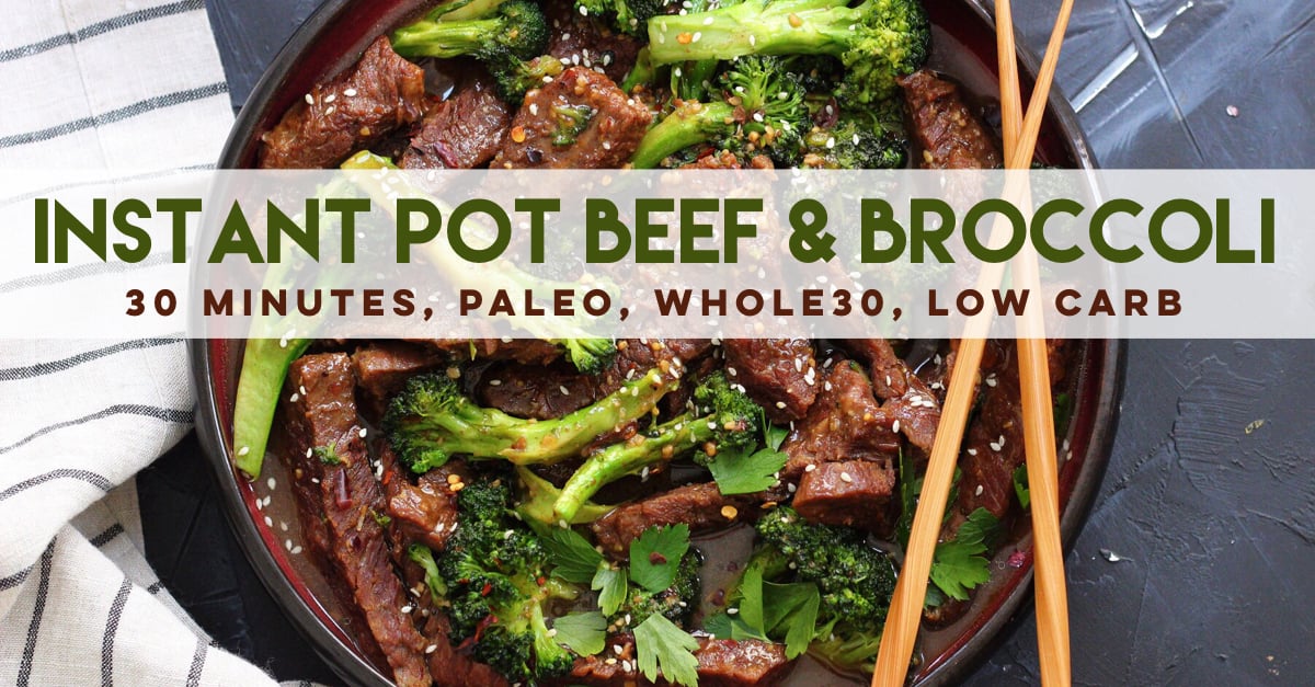 Whole30 Instant Pot Beef and Broccoli is a simple 30 minute meal that's family friendly and on the table in just a few minutes! It's a delicious paleo beef recipe for a busy weeknight or great for Whole30 meal prep #whole30beef #paleobeef #whole30instantpot #lowcarbinstantpot via @paleobailey