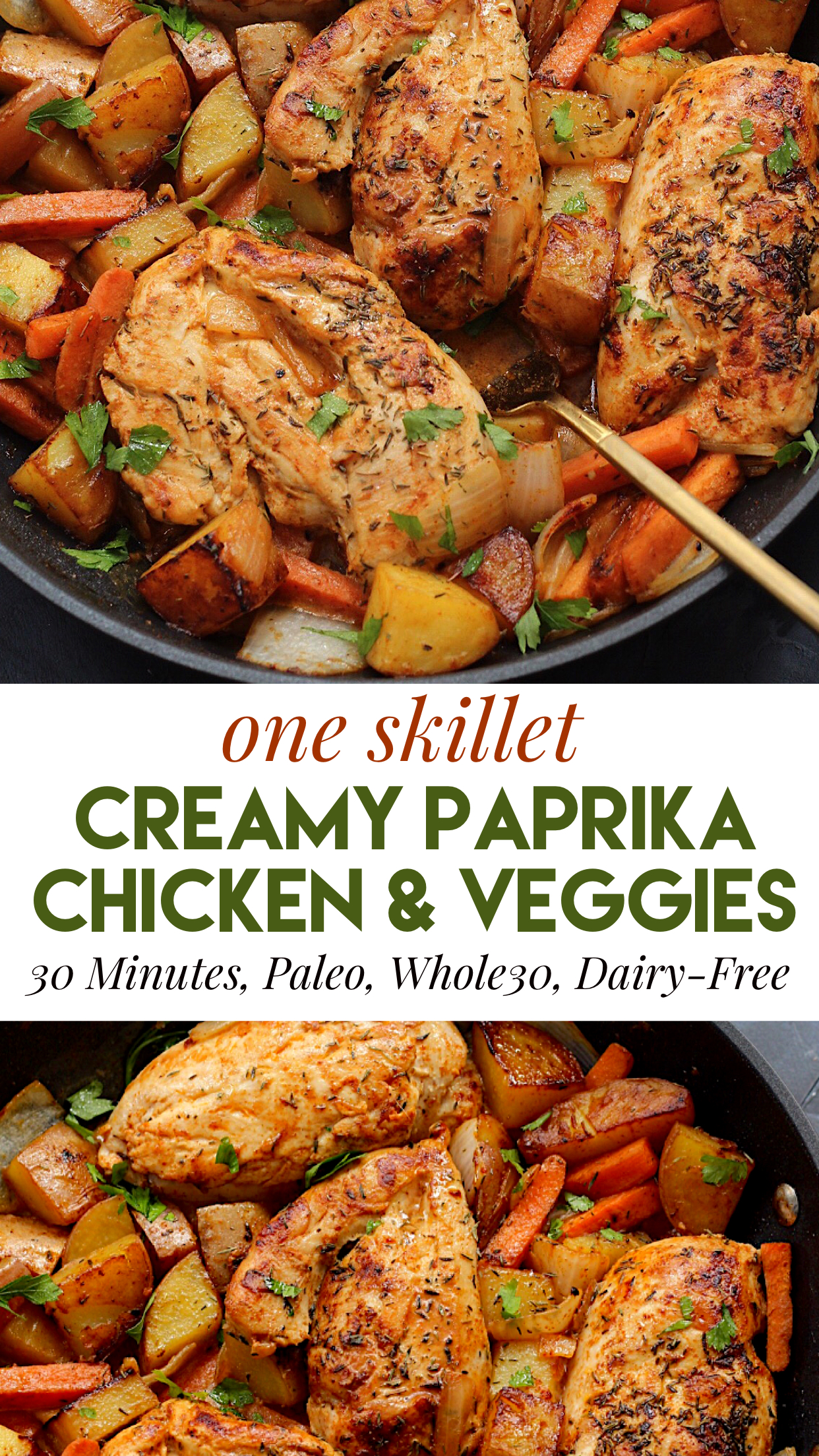 One pot creamy paprika chicken that's a dairy free, 30 minute Whole30 meal that's a super easy weeknight meal or paleo meal prep option. It's family friendly and loaded with your favorite veggies! #whole30chicken #whole30onepot #paleocreamychicken #paleochickenrecipes