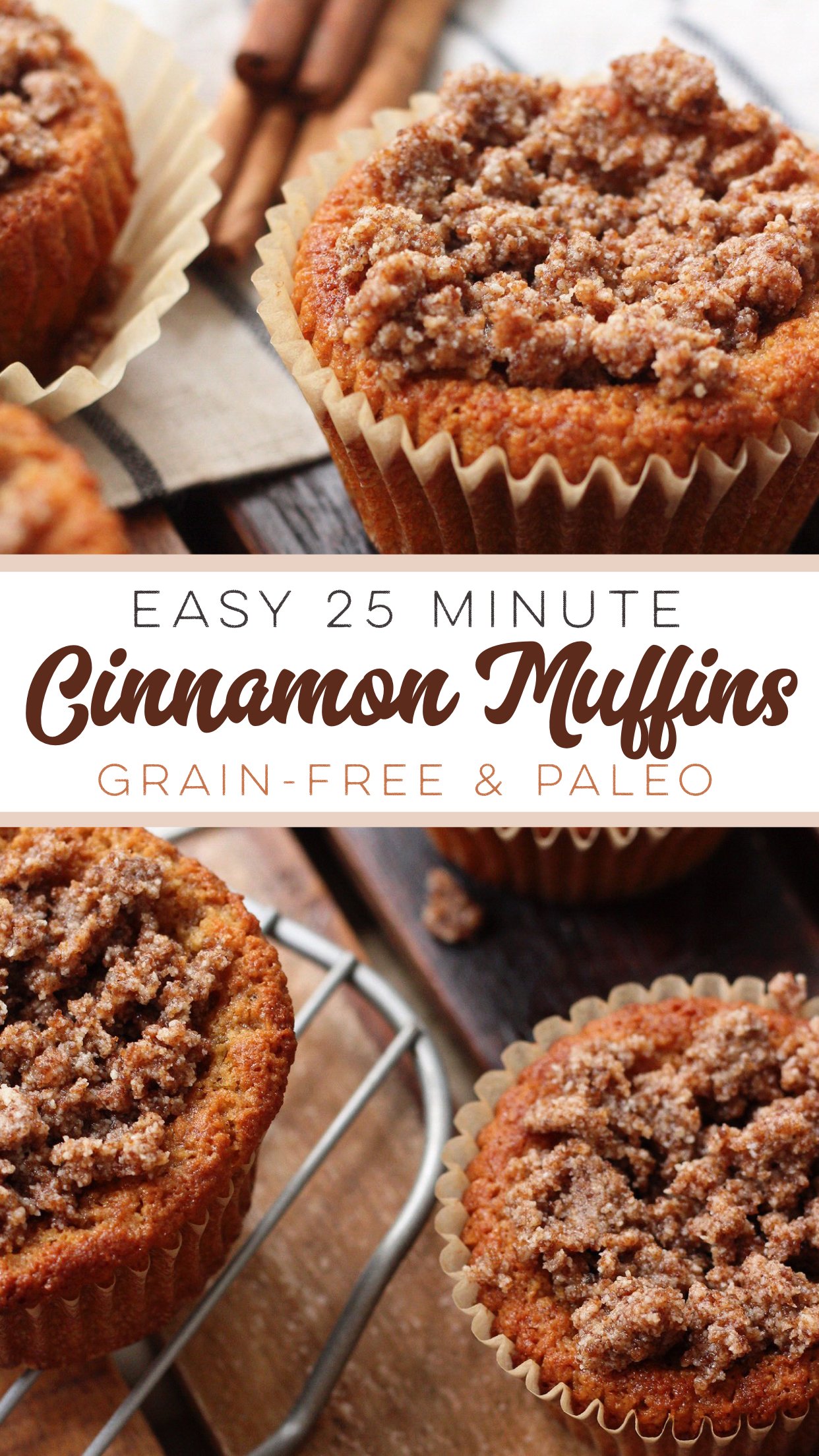 These grain free and Paleo Cinnamon Muffins are a 25 minute, delicious, family friendly recipe. This easy paleo cinnamon muffins recipe make it easy to make healthier choices, because they're so dang good! #paleomuffins #paleocinnamonmuffins #grainfreemuffins #paleomuffinrecipes