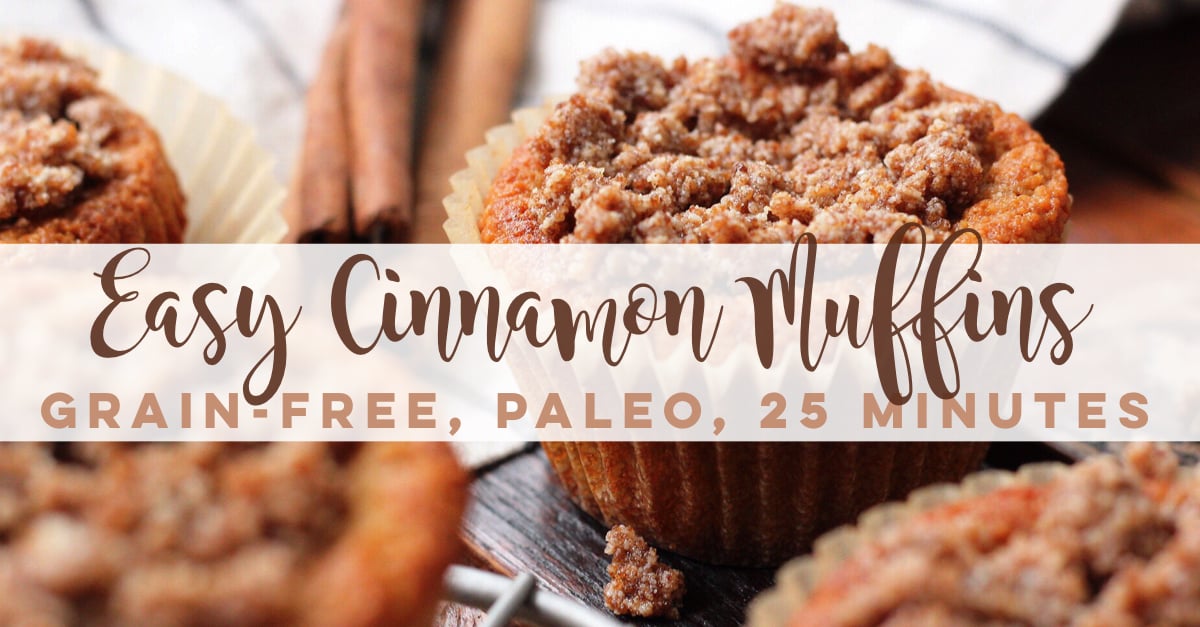 These grain free Paleo Cinnamon Muffins are a 25 minute, delicious, family friendly recipe. This easy paleo cinnamon muffin recipe makes it easy to make healthier choices, because they're so dang good! #grainfreecinnamonmuffins #paleomuffins #paleocinnamonmuffins #grainfreemuffins #paleomuffinrecipes