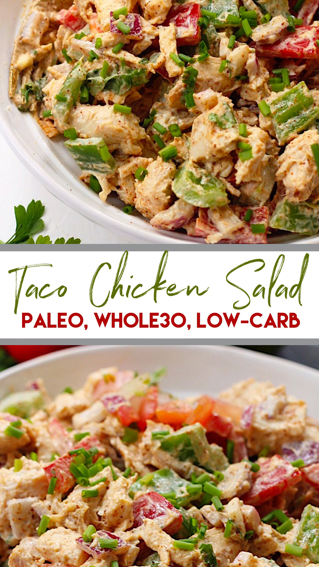 This easy taco chicken salad is a family friendly paleo recipe that only takes 15 minutes to whip together. No cooking needed! It's a great Whole30 salad for meal prep or Whole30 side dish for any event! #paleochickensalad #whole30chickensalad #whole30side