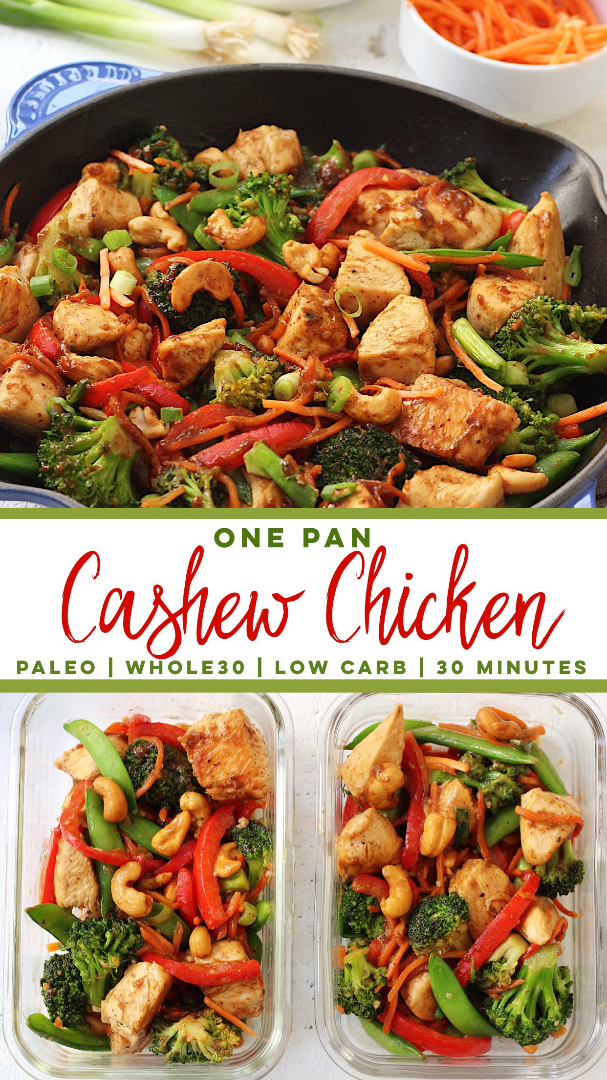 This easy paleo cashew chicken recipe will make healthy eating both delicious and easy whether you're doing a Whole30 or not! It's made completely in one pot, and in under 30 minutes. It's a family friendly, takeout fake-out recipe that's totally good for you! It's even made with a Paleo almond butter "peanut sauce"! #whole30cashewchicken #paleocashewchicken #whole30chickenstirfry #paleochickenrecipes