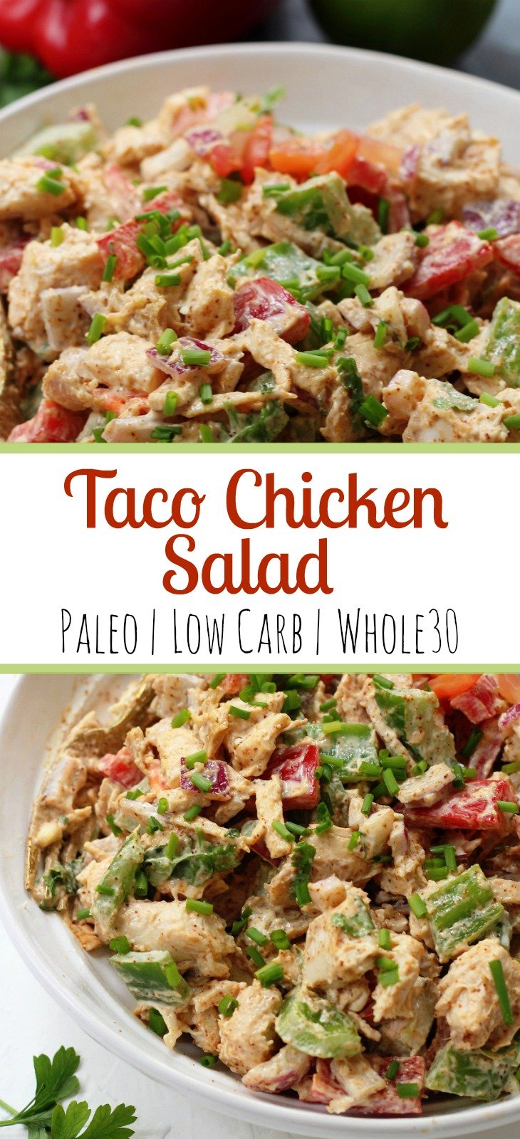 This easy taco chicken salad is a family friendly paleo recipe that only takes 15 minutes to whip together. No cooking needed! It's a great Whole30 salad for meal prep or Whole30 side dish for any event! #paleochickensalad #whole30chickensalad #whole30side