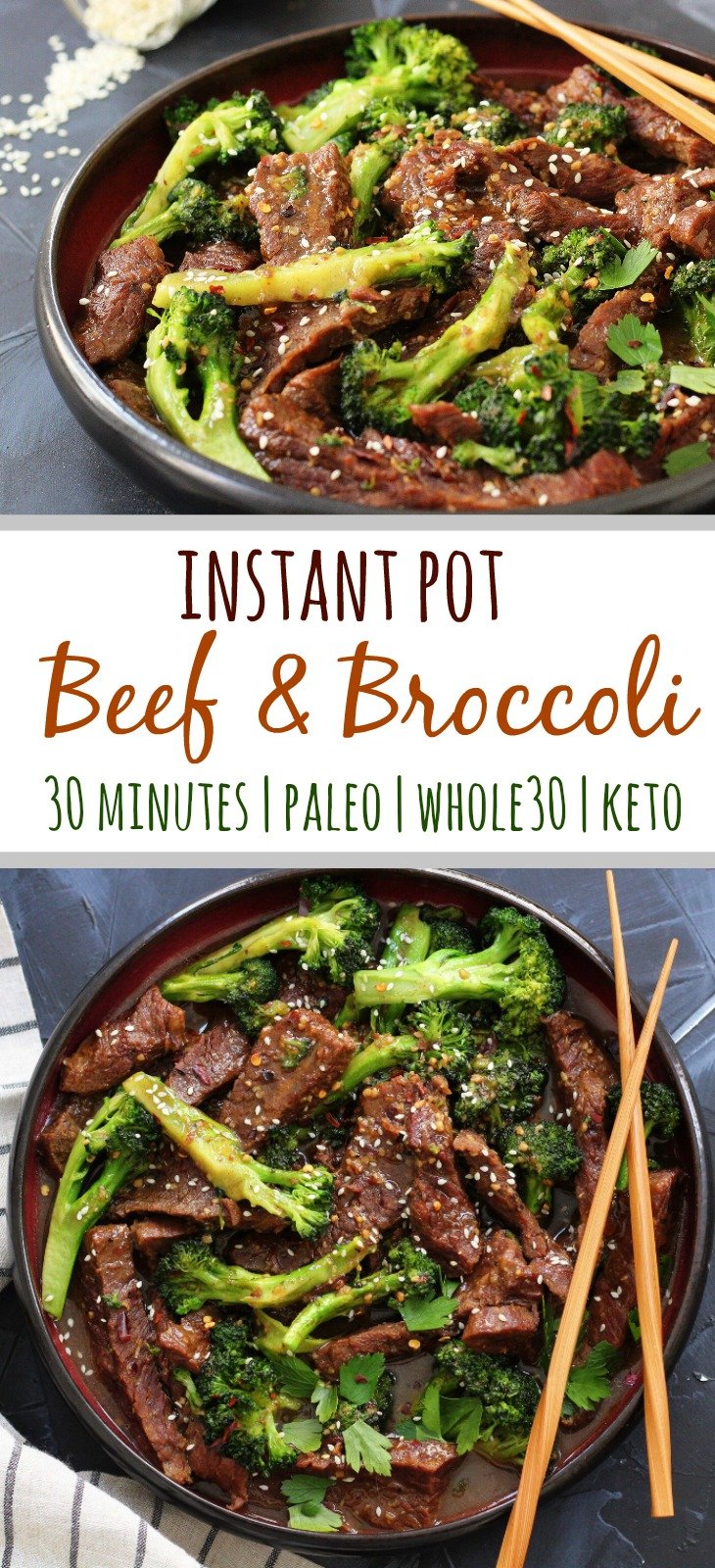 Whole30 Instant Pot Beef and Broccoli is a simple 30 minute meal that's family friendly and on the table in just a few minutes! It's a delicious paleo beef recipe for a busy weeknight or great for Whole30 meal prep #whole30beef #paleobeef #whole30instantpot #lowcarbinstantpot via @paleobailey