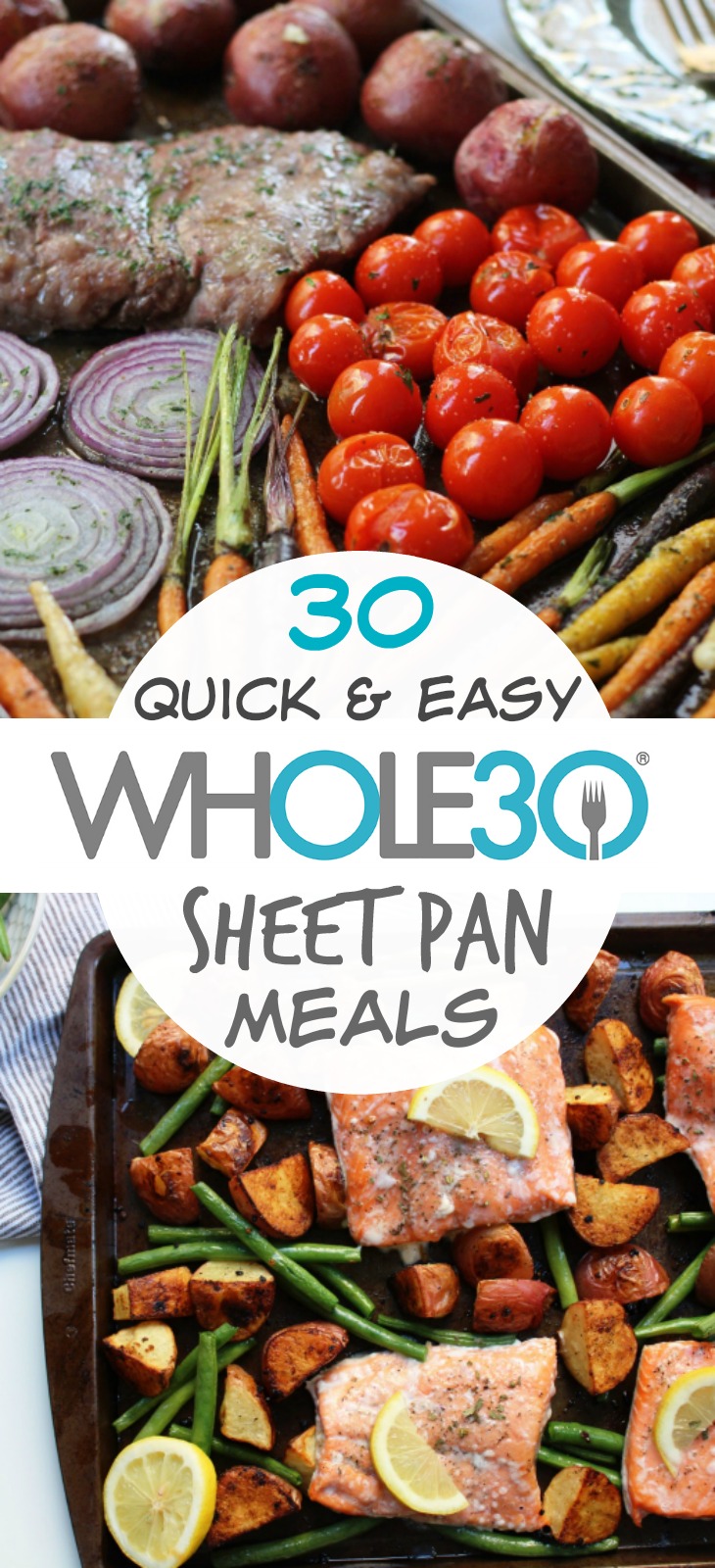 30 Whole30 sheet pan recipes so you spend less time cooking. Whole30 sheet pan meals that are easy meal prep, quick clean up, and family friendly healthy recipes. Includes Whole30 and Paleo sheet pan fish, chicken, beef and breakfast recipes. #whole30sheetpan #paleosheetpan #whole30dinnerrecipes via @paleobailey