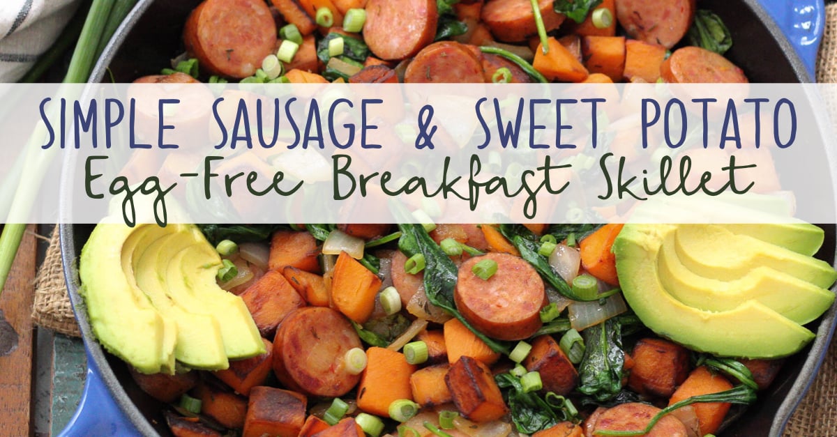 An easy Paleo egg-free breakfast recipe is always a simple go to meal. This skillet is full of healthy vegetables, flavorful spices and sausage! This egg-free breakfast is also Whole30 for when you're sick of eggs or want to meal prep breakfast! #eggfreebreakfast #paleobreakfast #whole30breakfast #breakfastskillet #breakfasthash