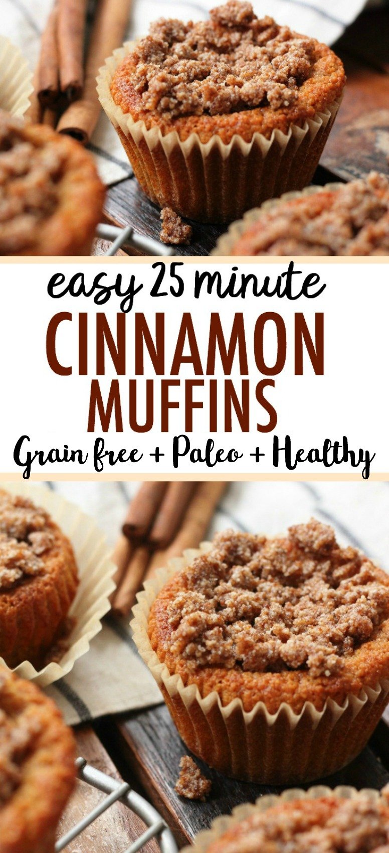 These grain free Paleo Cinnamon Muffins are a 25 minute, delicious, family friendly recipe. This easy paleo cinnamon muffin recipe makes it easy to make healthier choices, because they're so dang good! #grainfreecinnamonmuffins #paleomuffins #paleocinnamonmuffins #grainfreemuffins #paleomuffinrecipes