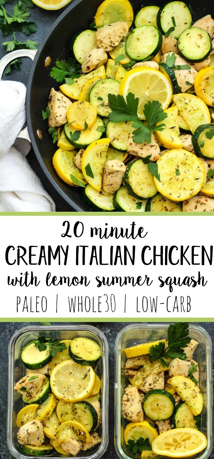 This Whole30 lemon chicken and squash skillet is Paleo, under 30 minutes, low carb and only made in one pot. This is a perfect summer dish for meal prep, or for a family friendly weeknight meal you won't have to heat up your kitchen for. #whole30lemonchicken #whole30onepot #paleochickenrecipes #whole30chickenrecipes