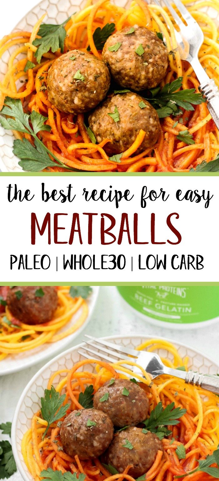 This easy meatball recipe is tried and true and the best way to make meatballs! Made paleo and Whole30 but still every bit as juicy and delicious. Served over butternut squash noodles and marinara here, the ways you can enjoy this low carb meatball recipe is endless!